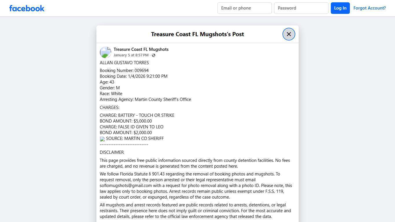 ALLAN GUSTAVO TORRES Booking... - Treasure Coast FL Mugshots | Facebook