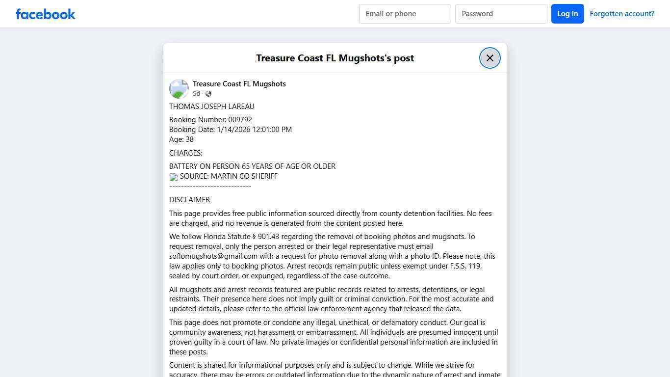 THOMAS JOSEPH LAREAU Booking... - Treasure Coast FL Mugshots | Facebook